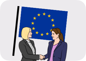 Two women shanking hands, a European flag on the background